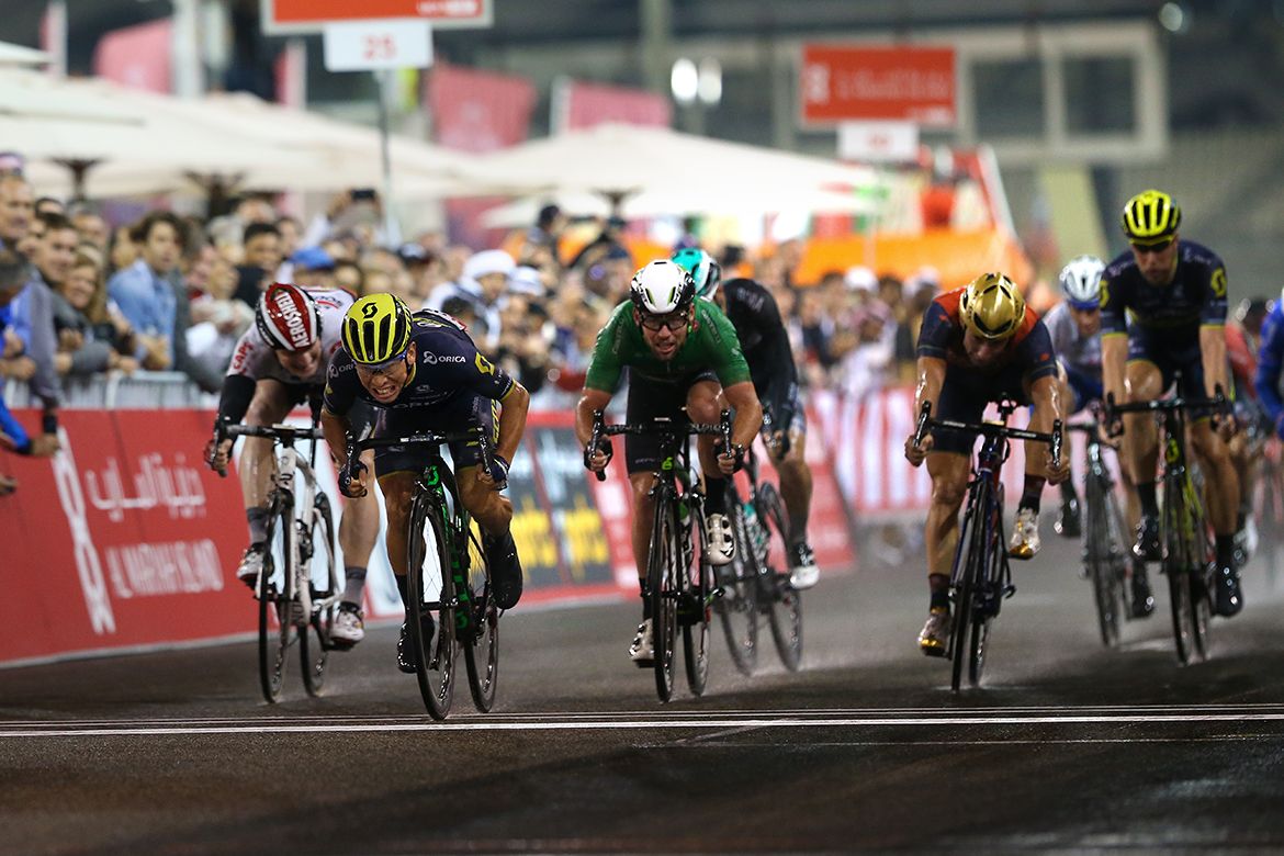 Caleb Ewan sprinting to victory in his trademark lower-over-the-bars style