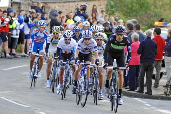Bradley Wiggins (Team Sky) leads the group.