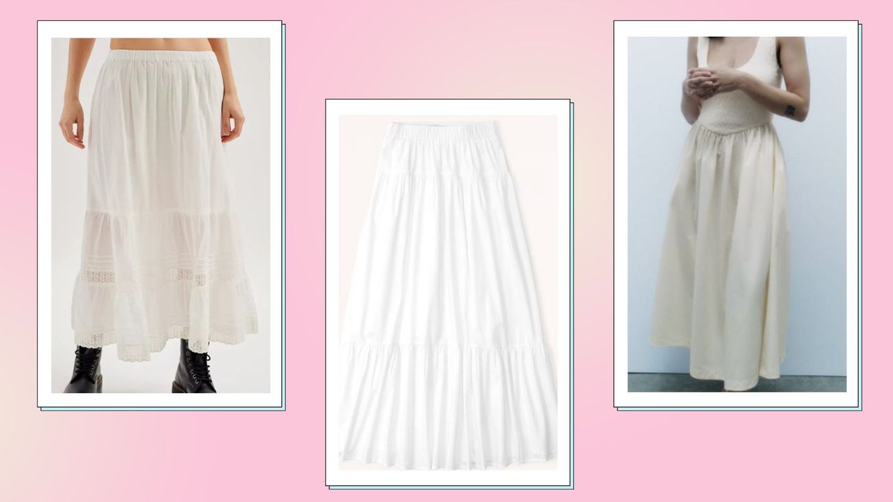 Flowy maxi skirts: White tiered skirts from Abercrombie &amp; Fitch, Urban Outfitters and ZARA/ in a pink template