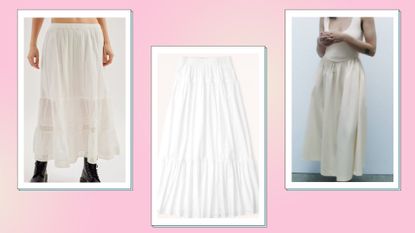 Flowy maxi skirts: White tiered skirts from Abercrombie & Fitch, Urban Outfitters and ZARA/ in a pink template