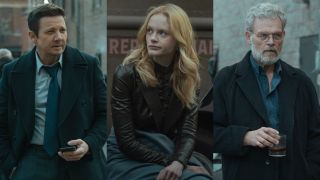 From left to right: press images of Jeremy Renner as Mike McLusky, Emma Laird as Iris and Yorick van Wageningen as Konstantin.