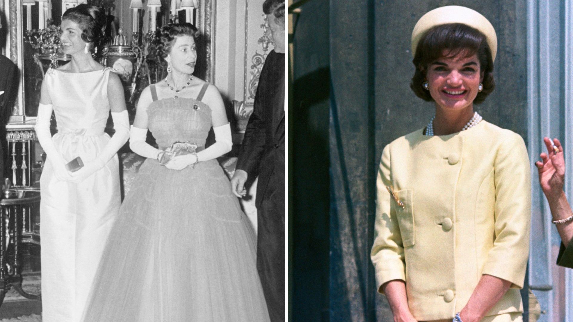 L-Jackie Kennedy and Queen Elizabeth in 1961, R- Jacqueline Kennedy