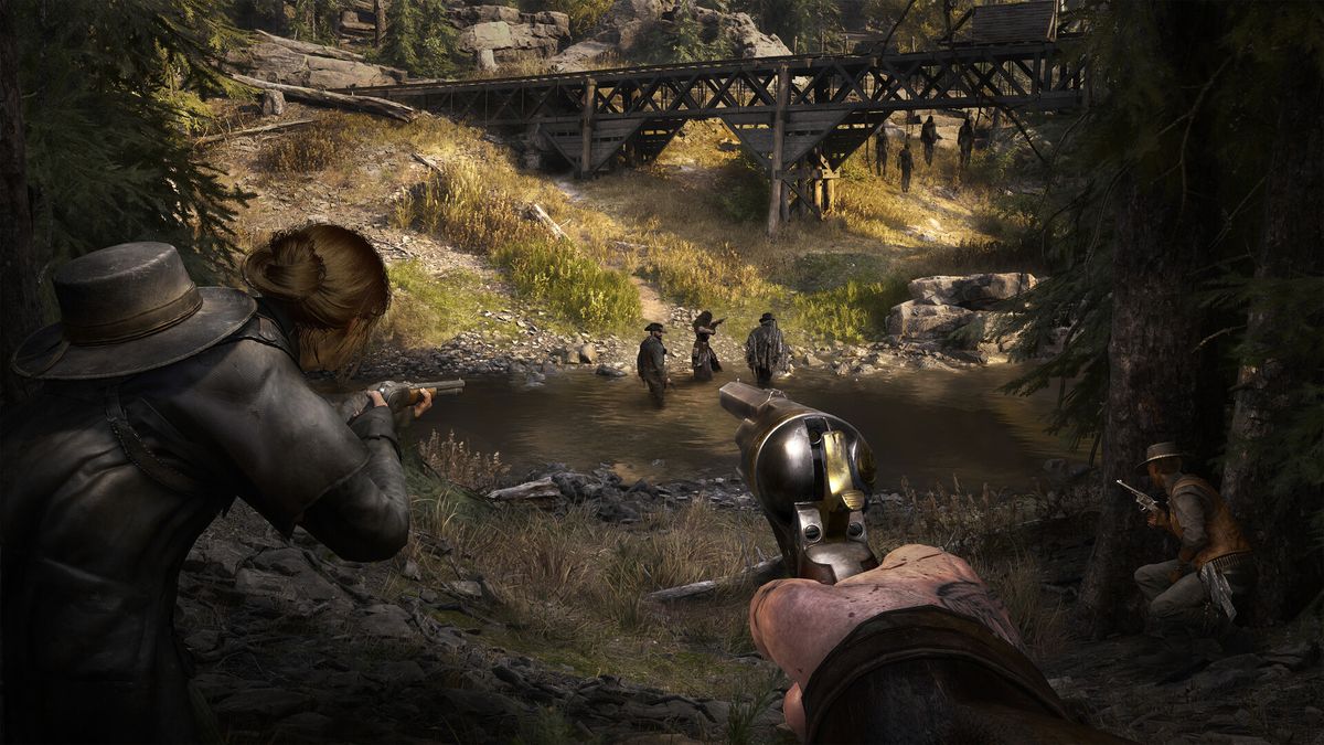 A screenshot of two Hunters pointing guns at another group of hunters during one of the best battle royale games, Hunt: Showdown 1896