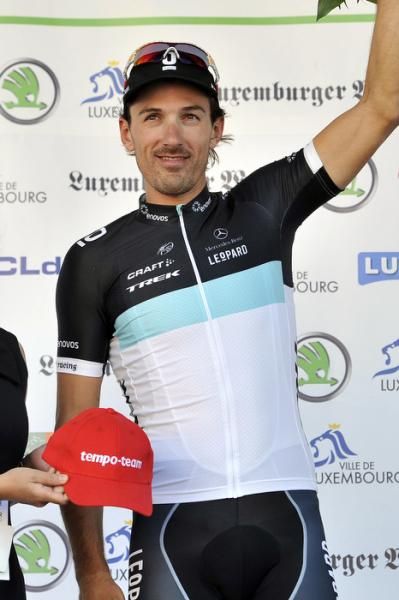 Fabian Cancellara (Leopard Trek) on stage to receive the leader's jersey.