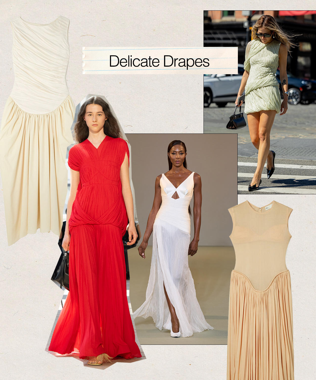 A collage of photos from the S/S 25 runways, street style, and retailers showcasing 2025 draped-dress trend with the trend name 