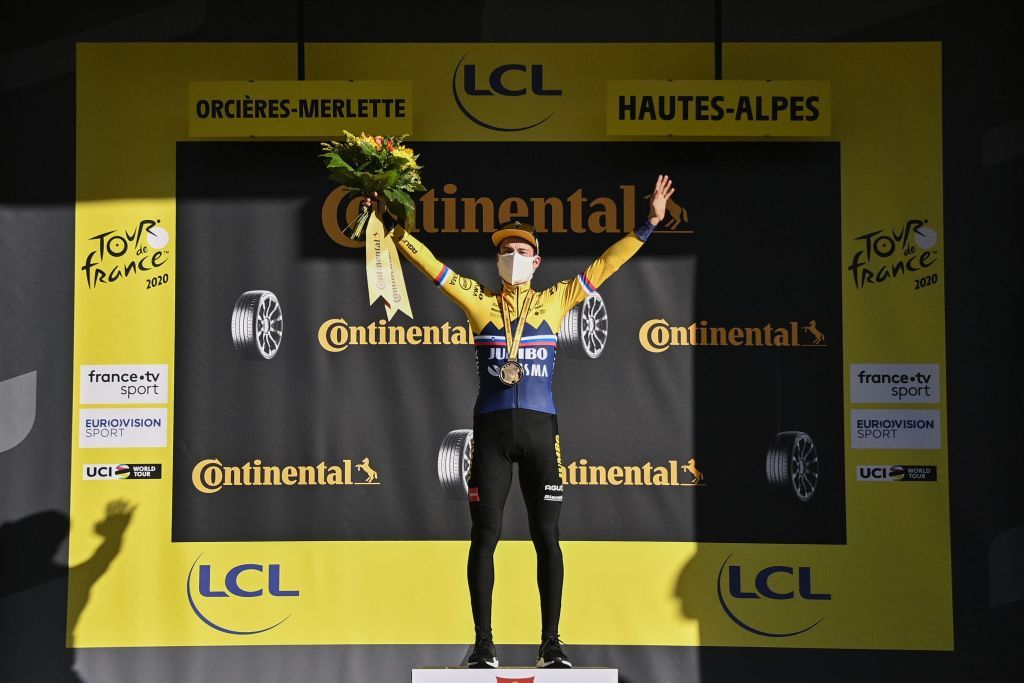 Team Jumbo rider Slovenias Primoz Roglic celebrates on the podium after winning the 4th stage of the 107th edition of the Tour de France cycling race 157 km between Sisteron and OrcieresMerlette on September 1 2020 Photo by AnneChristine POUJOULAT AFP Photo by ANNECHRISTINE POUJOULATAFP via Getty Images