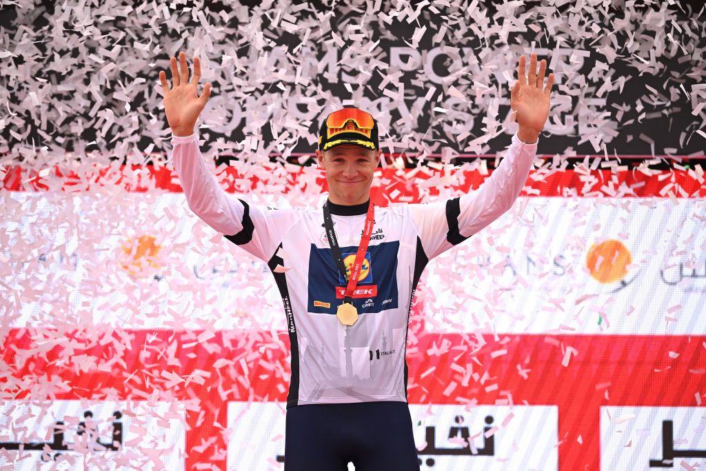 LIWA PALACE ABU DHABI UNITED ARAB EMIRATES FEBRUARY 17 Jonathan Milan of Italy and Team LidlTrek celebrates at podium as White Best Young Rider Jersey winner during the to the 7th UAE Tour Stage 1 a 138km stage from Madinat Zayed Shams Solar Park to Liwa Palace UCIWWT on February 17 2025 in Liwa Palace Abu Dhabi United Arab Emirates Photo by Dario BelingheriGetty Images
