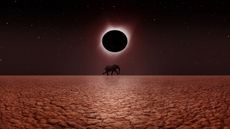 Solar eclipse, December 4 2021: Composite abstract of solar eclipse with elephant walking on dried earth ground. 
