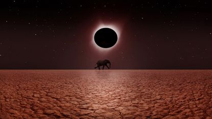 Solar eclipse, December 4 2021: Composite abstract of solar eclipse with elephant walking on dried earth ground. 