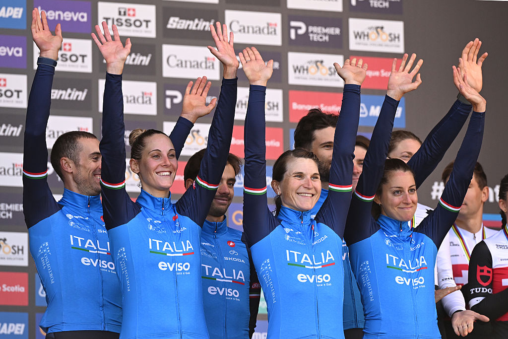Team Italy celebrate after winning the Mixed Relay Team Time Trial at the 2026 UCI Road World Championships in Montreal, Quebec. (Photo by Dario Belingheri/Getty Images)