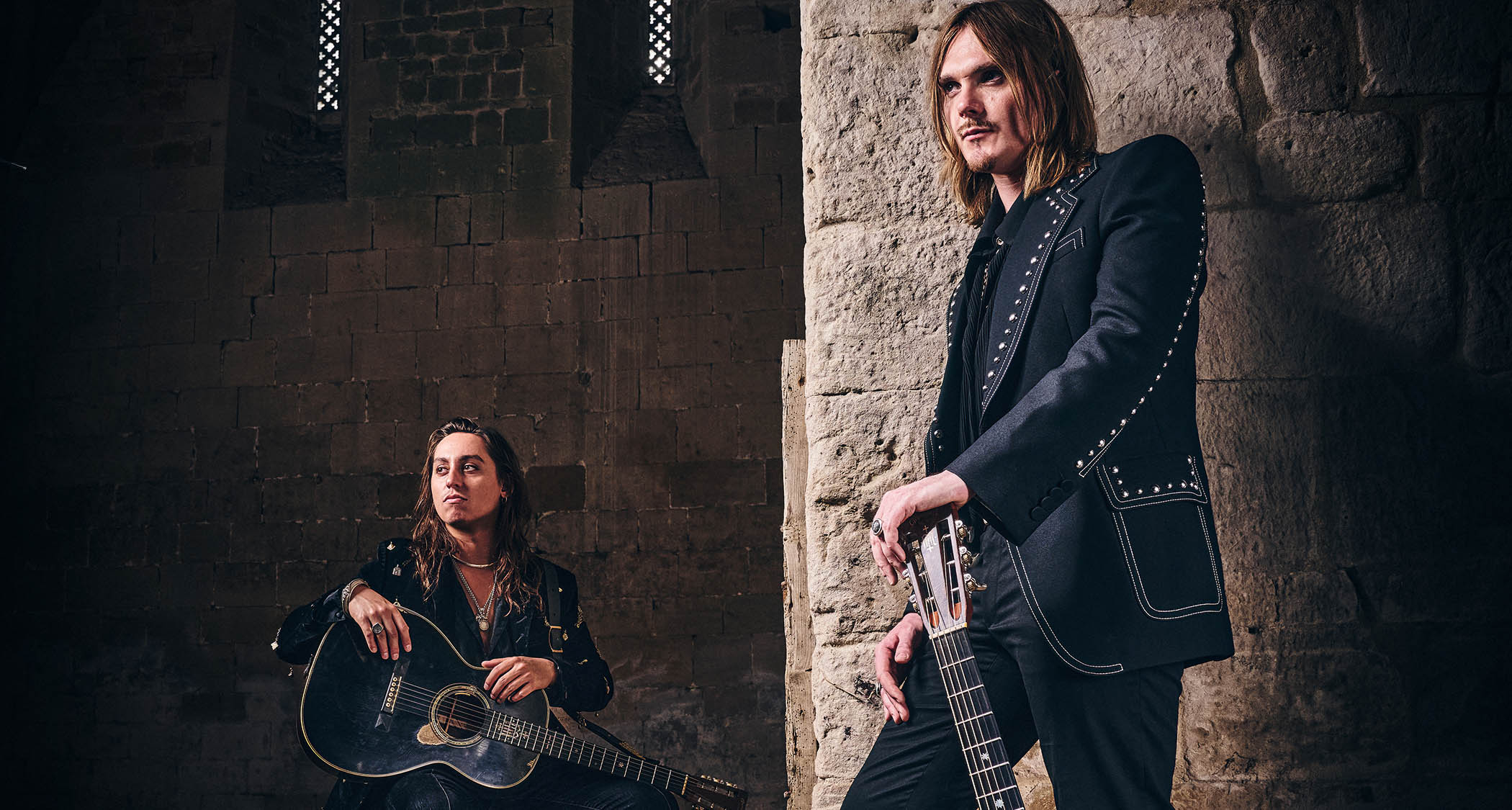 Mirador&#039;s Jake Kiszka and Chris Turpin photographed in an old castle with their guitars.