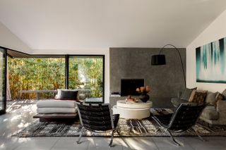 Modern living room with grey walls