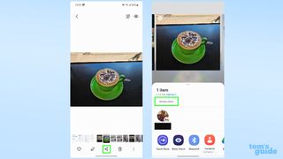 Two screenshots showing an image in the Samsung Galaxy Gallery app, and again but with its share sheet open, and Nearby Share highlighted