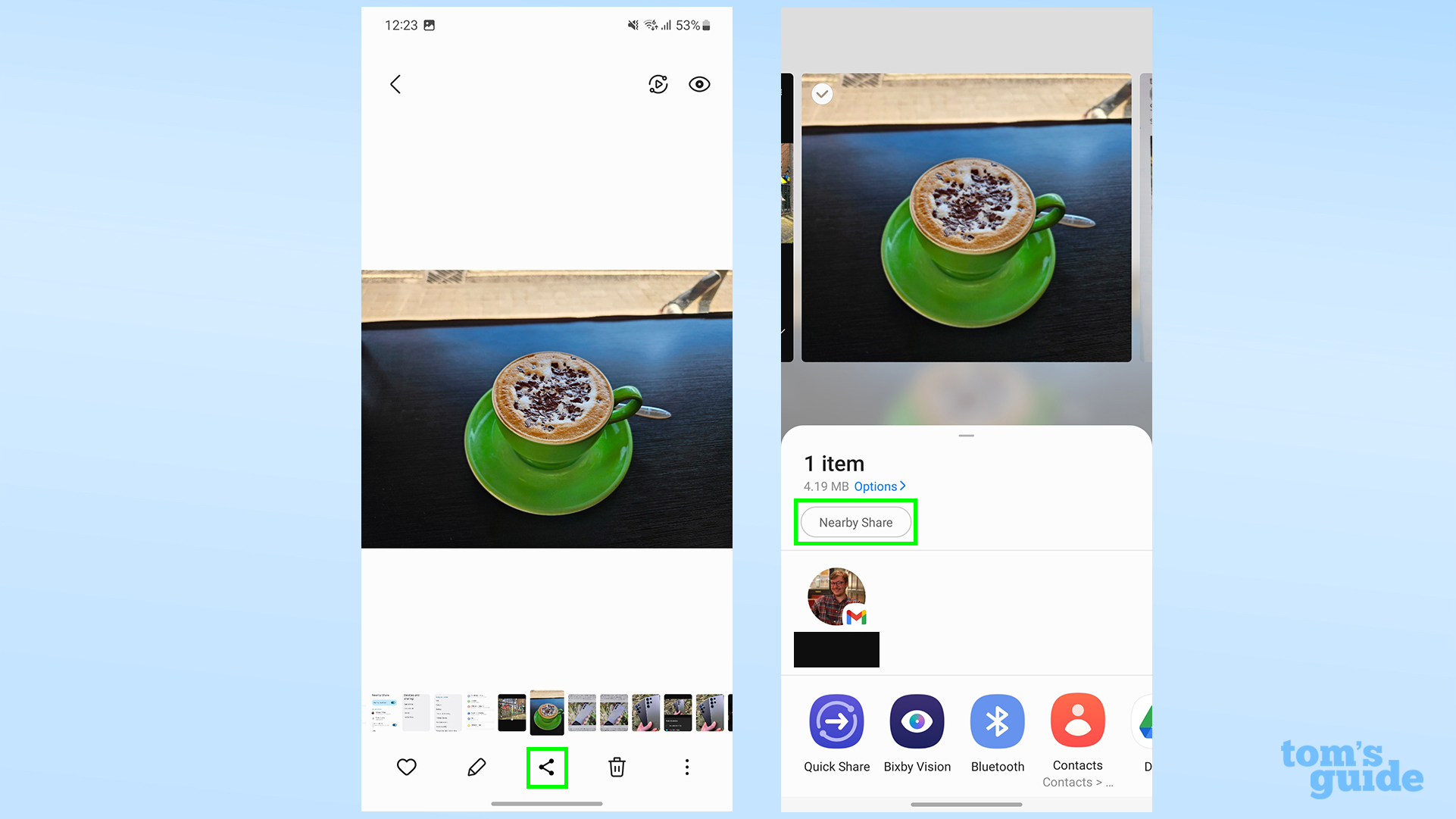 Два снимка экрана, показывающие изображение в приложении Samsung Galaxy Gallery, и снова, но с открытым листом общего доступа и выделенным параметром «Обмен с окружением».