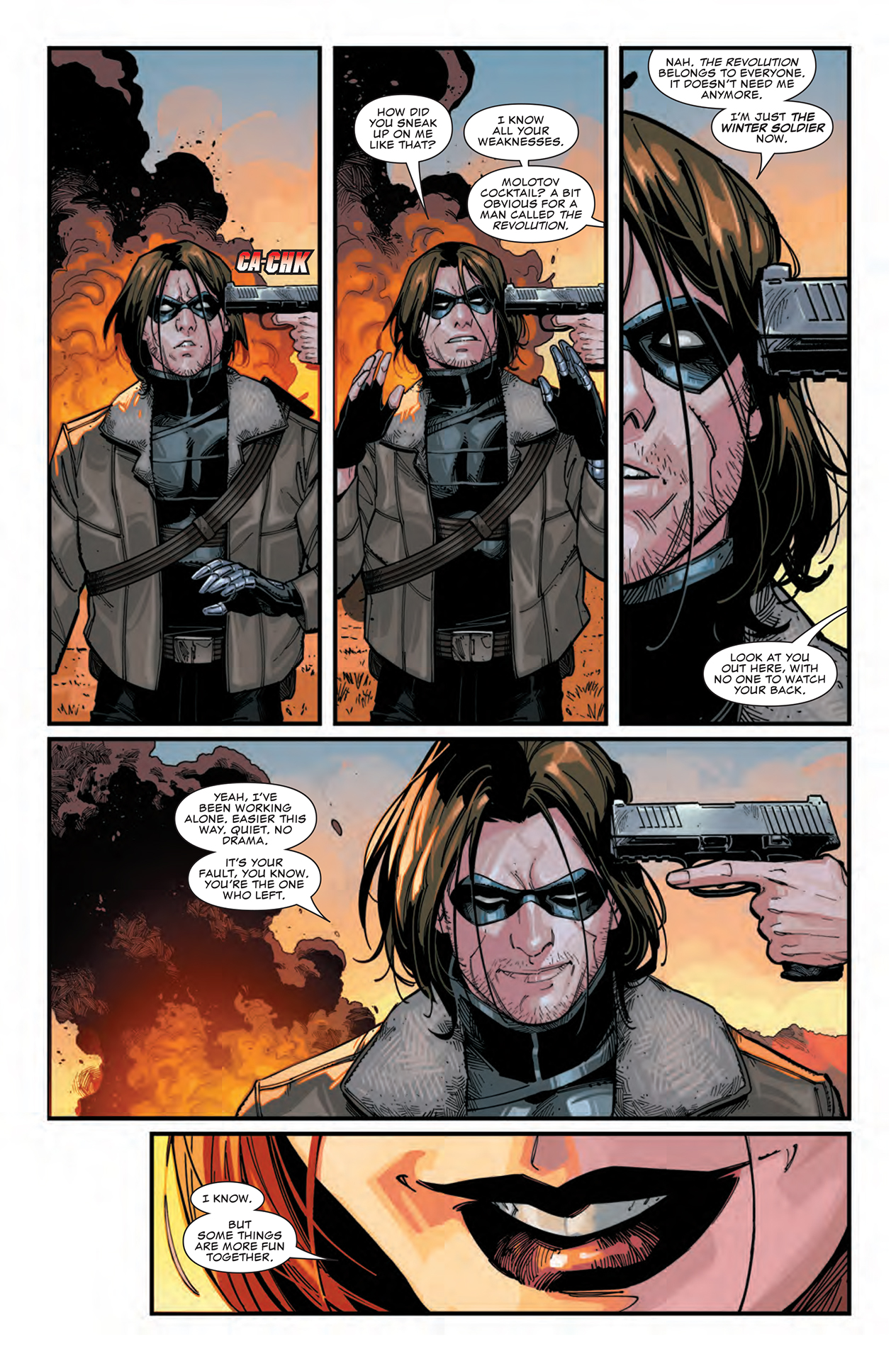 Black Widow gets the drop on Bucky, enticing him to join her