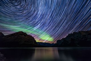 Milky Way and Green Aurora From Lake Minnewanka