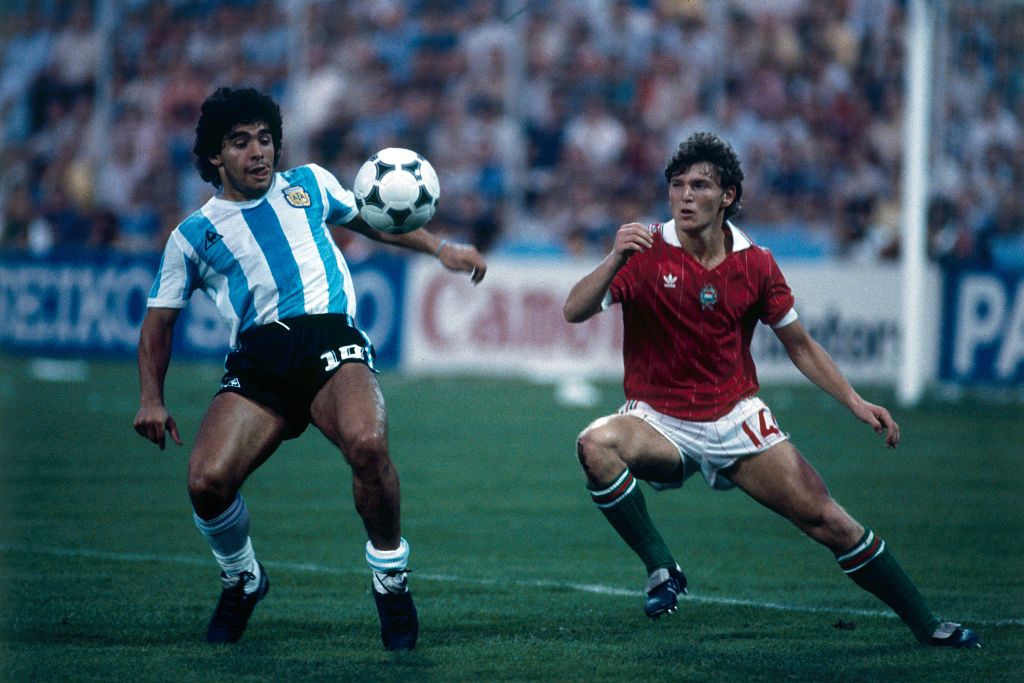 1982 World Cup Group Three match in Alicante, Spain, Argentina 4 v Hungary 1, Argentina&amp;amp;apos;s Diego Maradona battles for the ball with Hungary&amp;amp;apos;s Sandor Sallai, 18th June 1982. (Photo by John Varley/Mirror Syndication International/Mirrorpix via Getty Images)