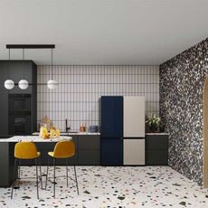 Kitchen with wallpaper on wall and chair