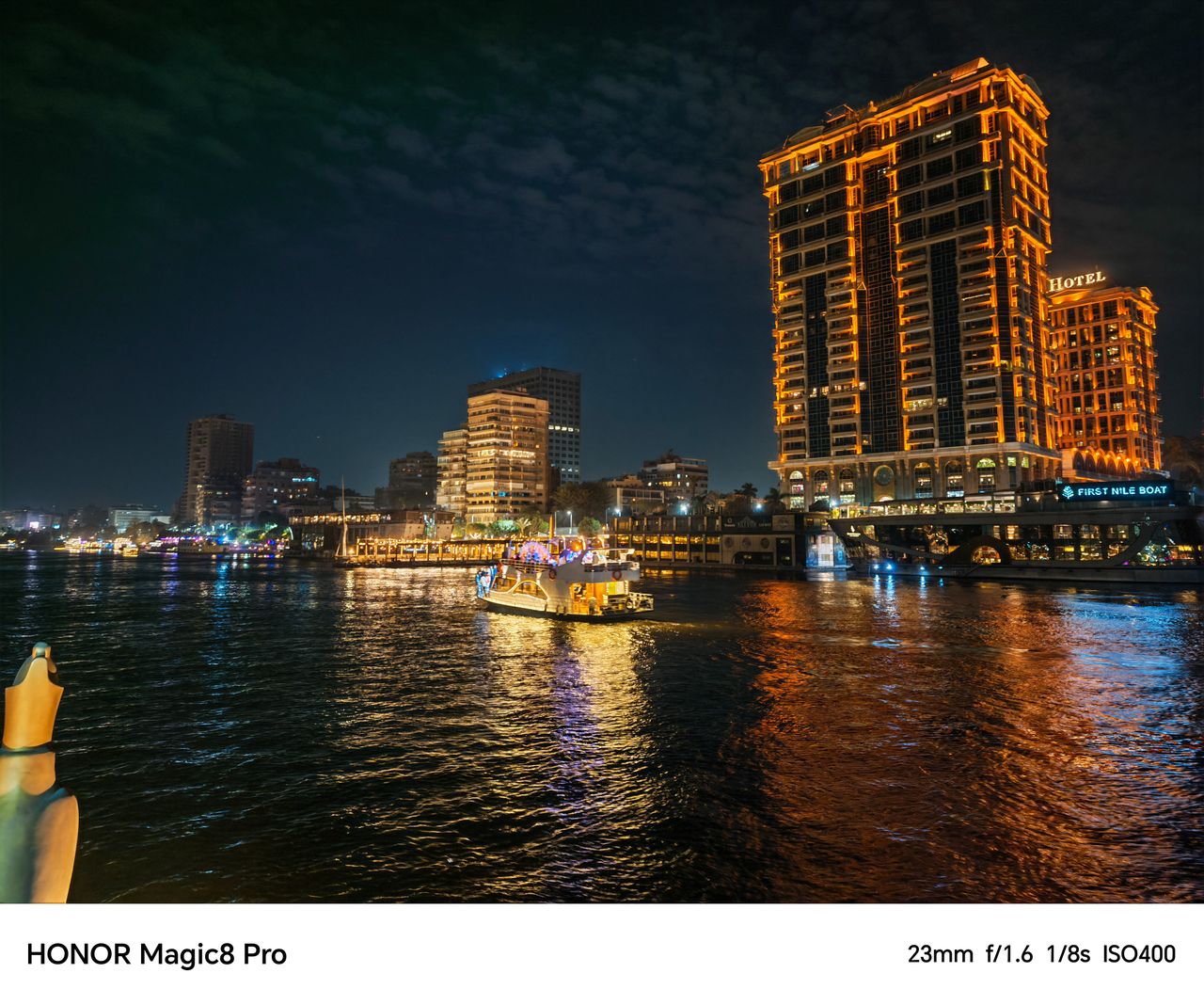 Buildings along the river Nile lit up at night shot on an Honor Magic 8 Pro