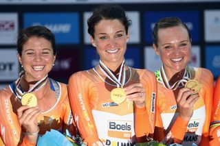Lizzie Deignan of Great Britain celebrates with her Boels Dolmans team mates after winning the Women's Team Time Trial