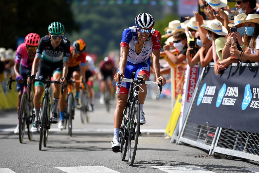 SAINT MARTIN DE BELLEVILLE FRANCE AUGUST 14 Arrival Thibaut Pinot of France and Team Groupama FDJ Emanuel Buchmann of Germany and Team Bora Hansgrohe Daniel FelipeMartinez Poveda of Colombia and Team EF Education First during the 72nd Criterium du Dauphine 2020 Stage 3 a 157km stage from Corenc to Saint Martin de Belleville 1419m dauphine Dauphin on August 14 2020 in Saint Martin de Belleville France Photo by Justin SetterfieldGetty Images