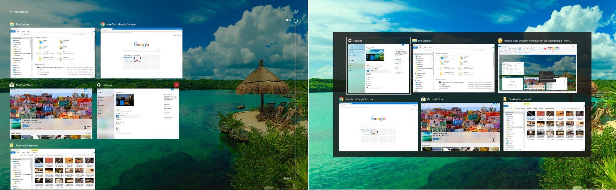 Windows key + Tab (left), Alt + Tab (right)