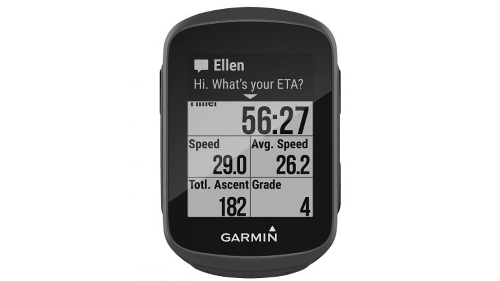 A Garmin Edge 130 on a blank white background. On the display, a message notification shows a text message
