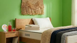 An eco-friendly green bedroom with organic sleep products and raffia wall art.