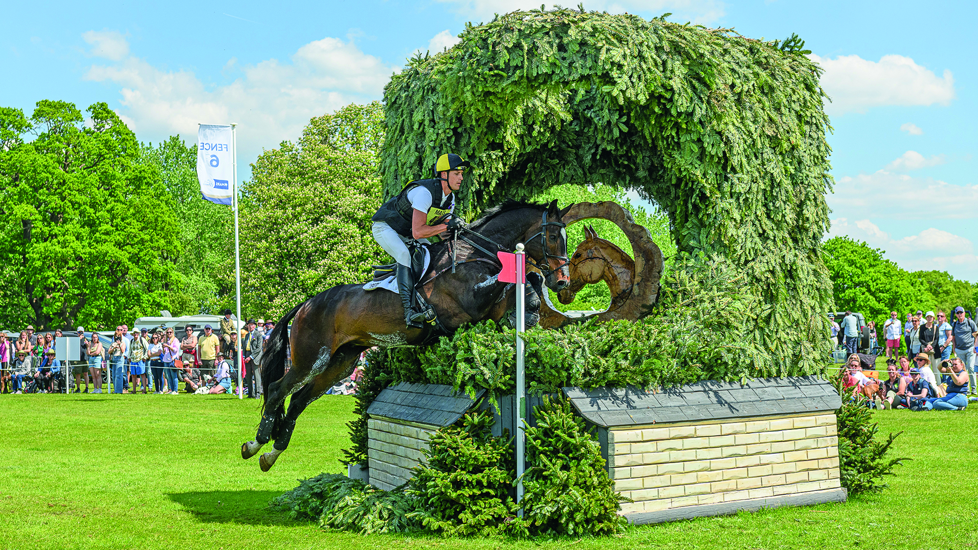 Will Rawlin and Ballycoog Breaker Boy jump a cross-country fence at Badminton Horse Trials 2025.