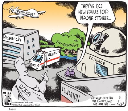Political Cartoon U.S. Trump Drone strikes Buget cuts EPA Arts Military