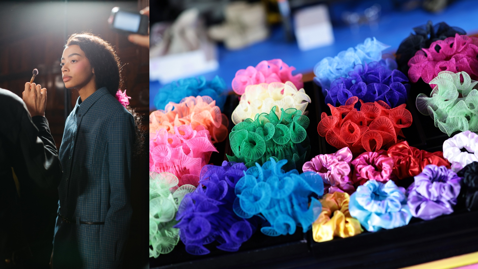 a woman getting makeup applied next to a tray of colorful scrunchies