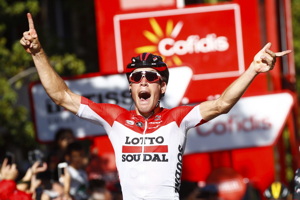 Jelle Wallays (Lotto Soudal) lets out a roar of celebration