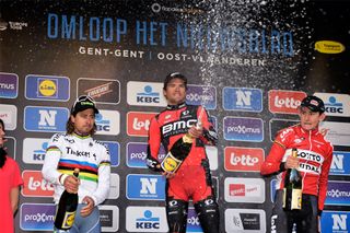 The podium of the 2016 Omloop Het Nieuwsblad. Photo: Graham Watson