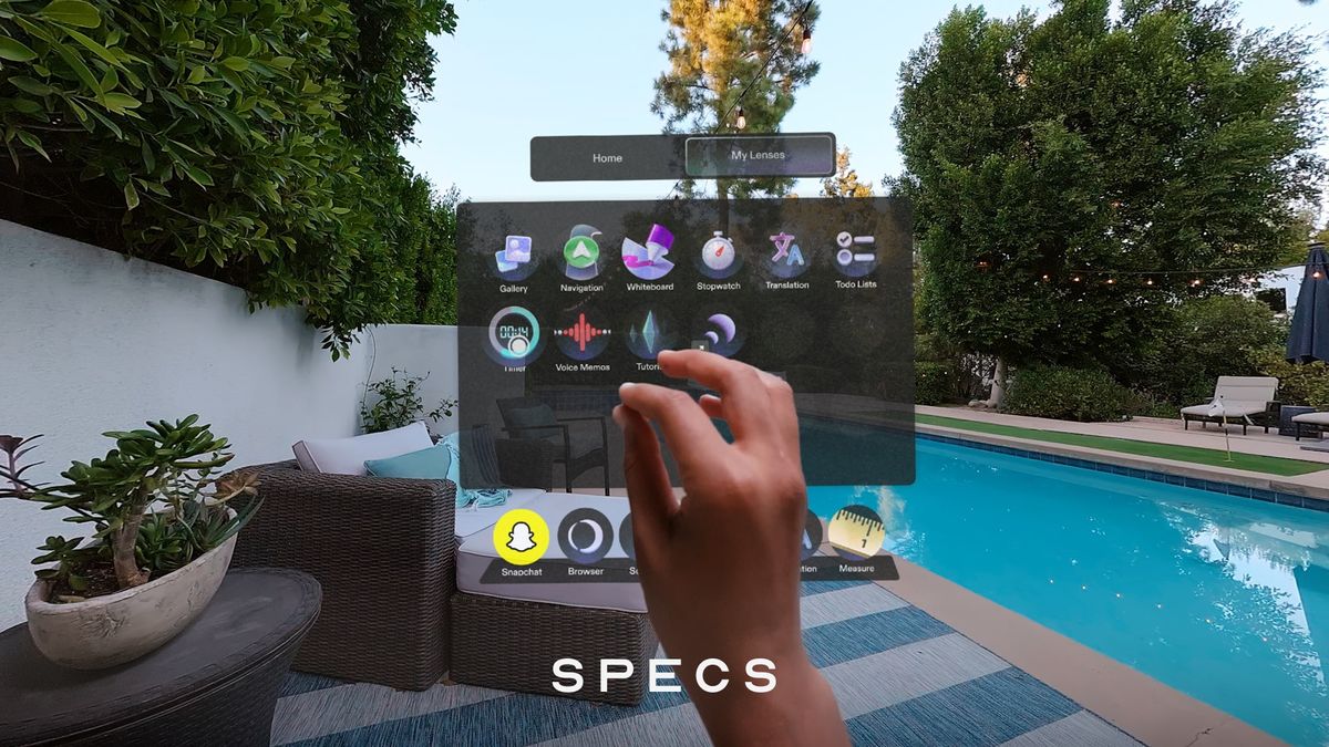 The Snap Specs home screen UI, and a model's hand pinching to resize and interact with it.
