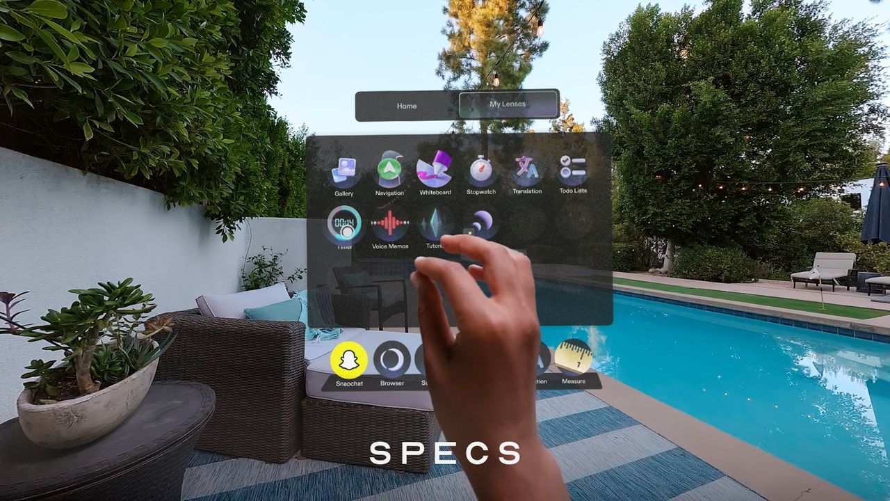 The Snap Specs home screen UI, and a model's hand pinching to resize and interact with it.