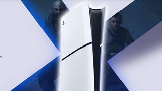 Glowing PS5 with God Of War promotional screenshot in backdrop