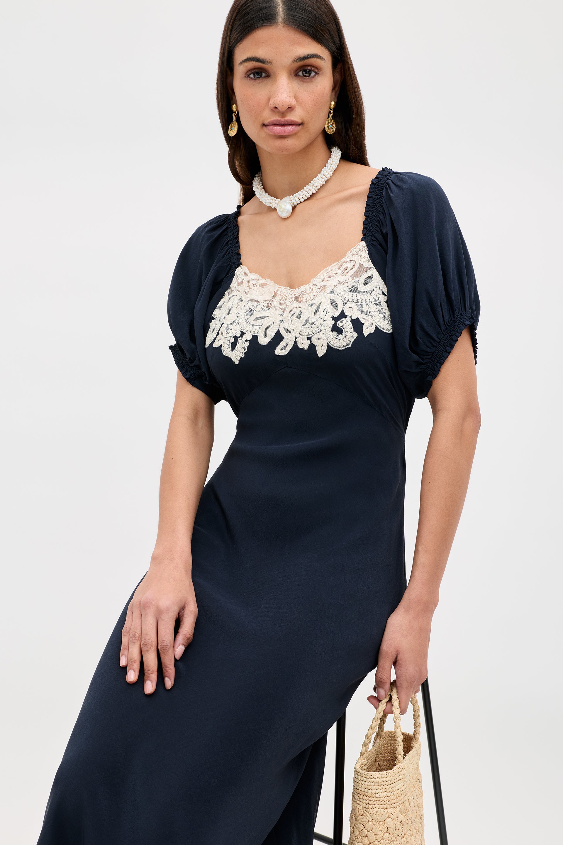 Ilaria Silk Midi Dress in Deep Navy