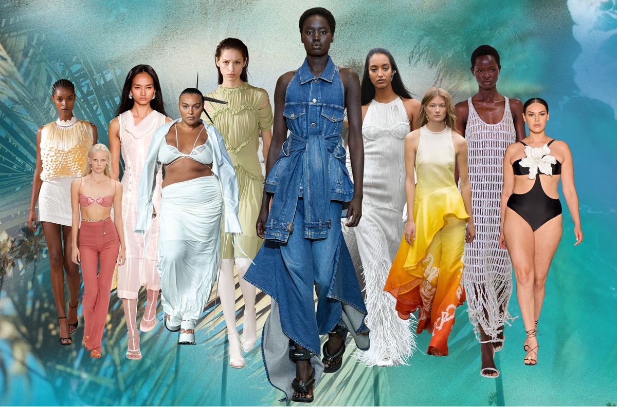 A collage of models in exiting spring summer fashion trends from cut outs to denim and sunny coloured clothing