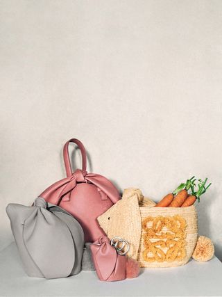 Loewe bunny bags in pink leather, raffia, and pearl grey