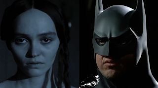 Lily Rose Depp looking dead eyed and terrified in Nosferatu, Close up of Michael Keaton suited up as Bats in Batman Returns. 