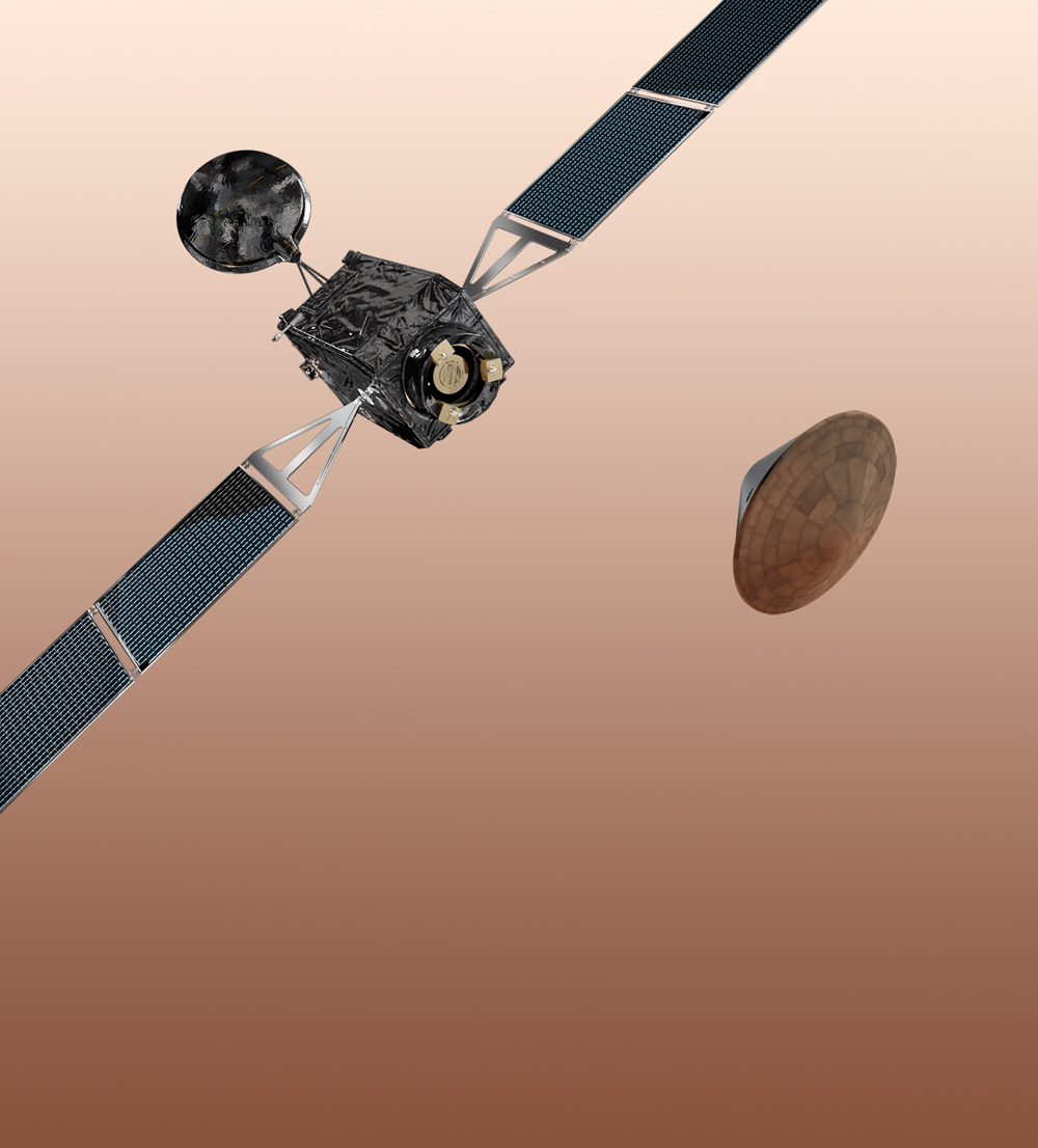 Artist&#039;s concept of the ExoMars 2016 spacecraft, which consists of the Trace Gas Orbiter and the Entry, descent and landing Demonstrator Module (EDM).