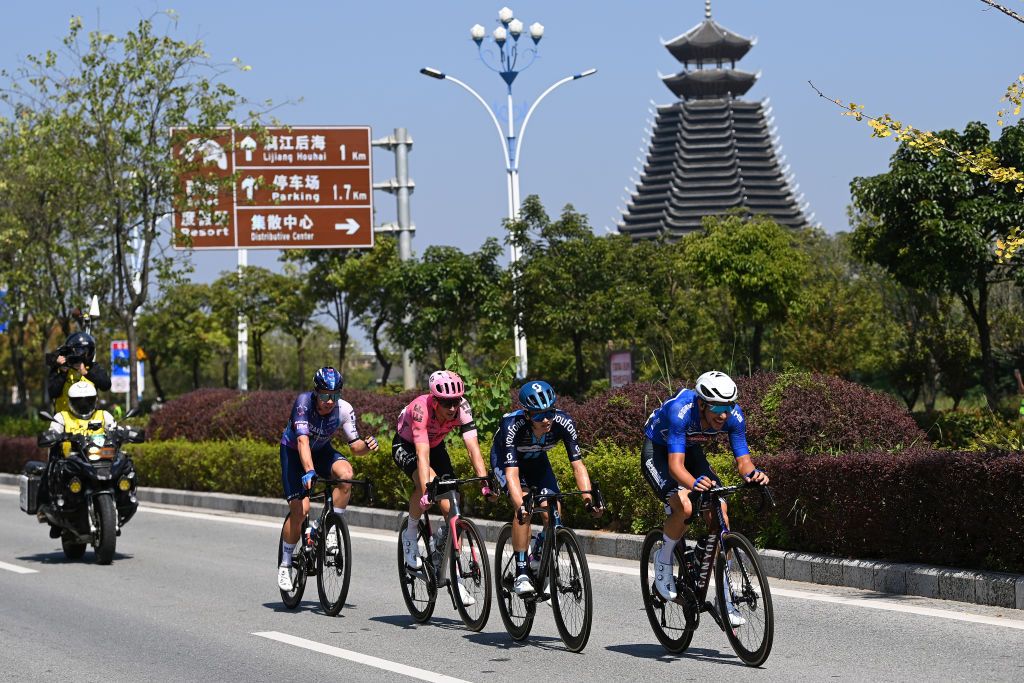 GUILIN CHINA OCTOBER 17 LR Jens Reynders of Belgium and Team IsraelPremier Tech Jens Keukeleire of Belgium and Team EF EducationEasypost Oscar Onley of Great Britain and Team DSMFirmenich and Dries De Bondt of Belgium and Team AlpecinDeceuninck Blue Sprint Jersey compete in the breakaway during the 4th GreeTour of Guangxi 2023 Stage 6 a 1683km stage from Guilin to Guilin UCIWT on October 17 2023 in Guilin China Photo by Tim de WaeleGetty Images
