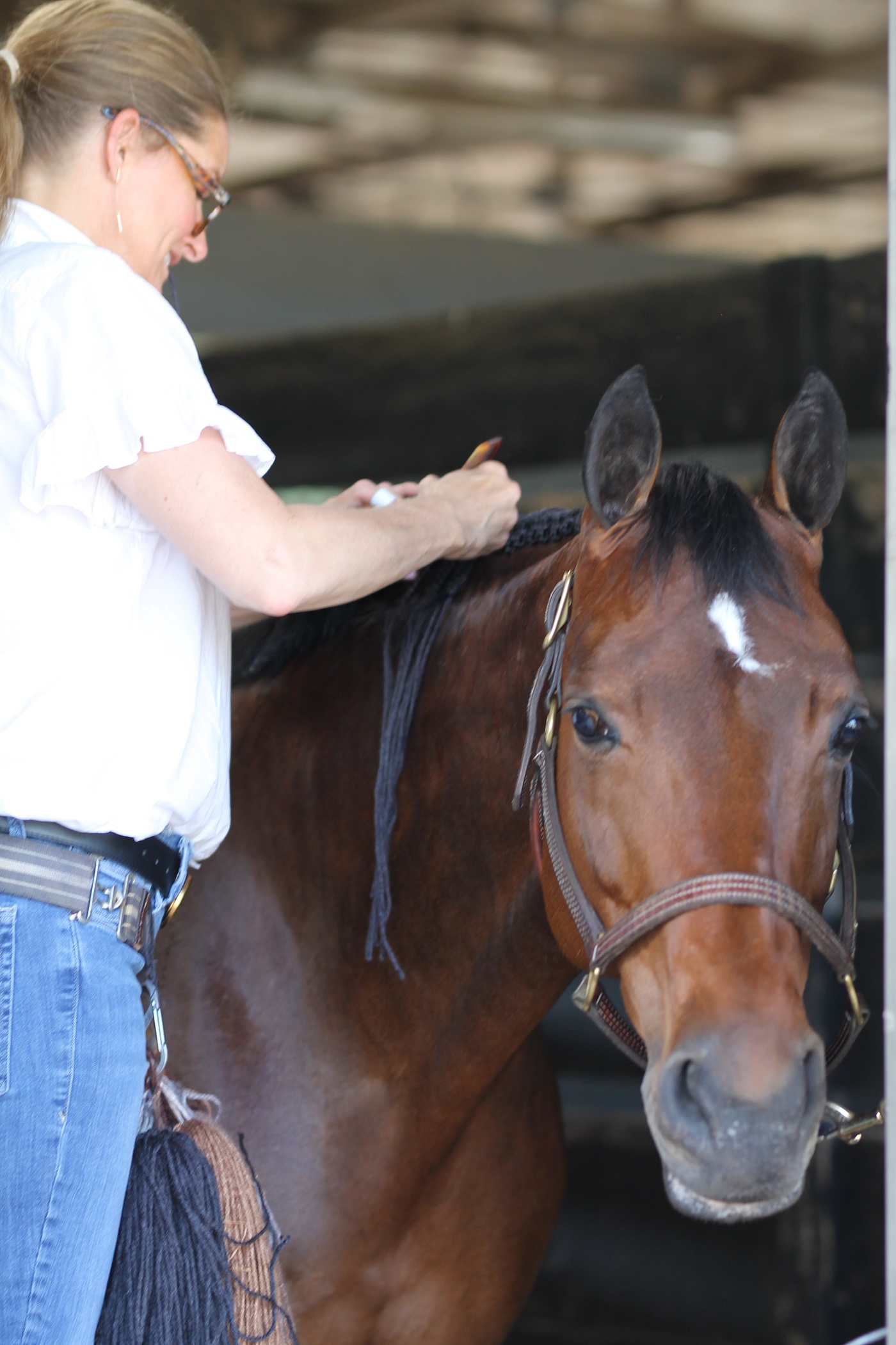 Horse braider shows her craft