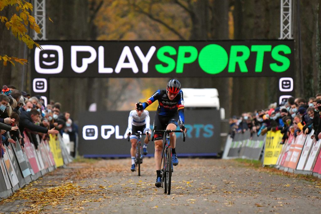 RIJKEVORSEL BELGIUM NOVEMBER 20 Toon Aerts of Belgium and Team Baloise Trek Lions reacts after crosses the finishing line during the 35th Superprestige Merksplas 2021 Mens Elite Superprestige2022 SPMerksplas on November 20 2021 in Rijkevorsel Belgium Photo by Luc ClaessenGetty Images