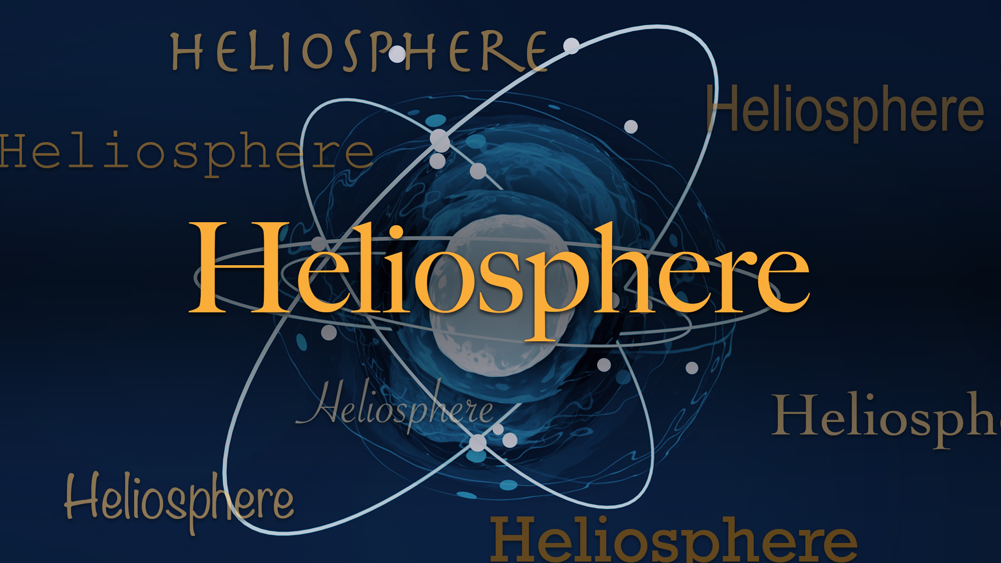 The word heliosphere centered in yellow on a dark blue background with white oval details.