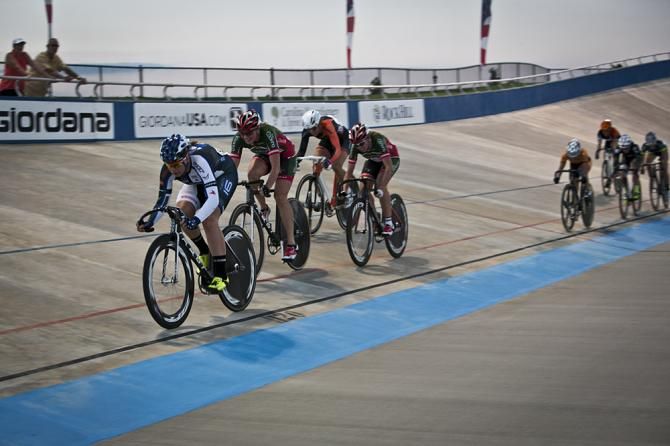 Jennifer Valente, Erica Allar, Elizabeth Newell, and Jessica Prinner breakaway from the rest of the field, in the points race, the last race in the omnium competition.