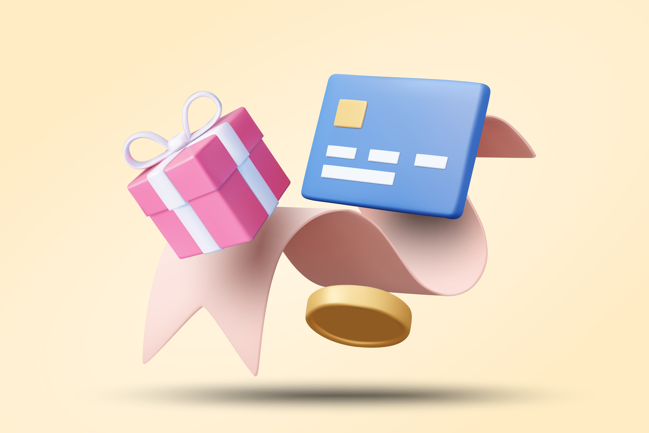 an animated picture of a gift box next to a credit card propped up by a ribbon with a coin underneath