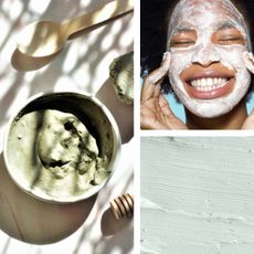 Various images of women in face masks as well as face mask products in a collage. 