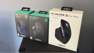 A shot of three Logitech mice.