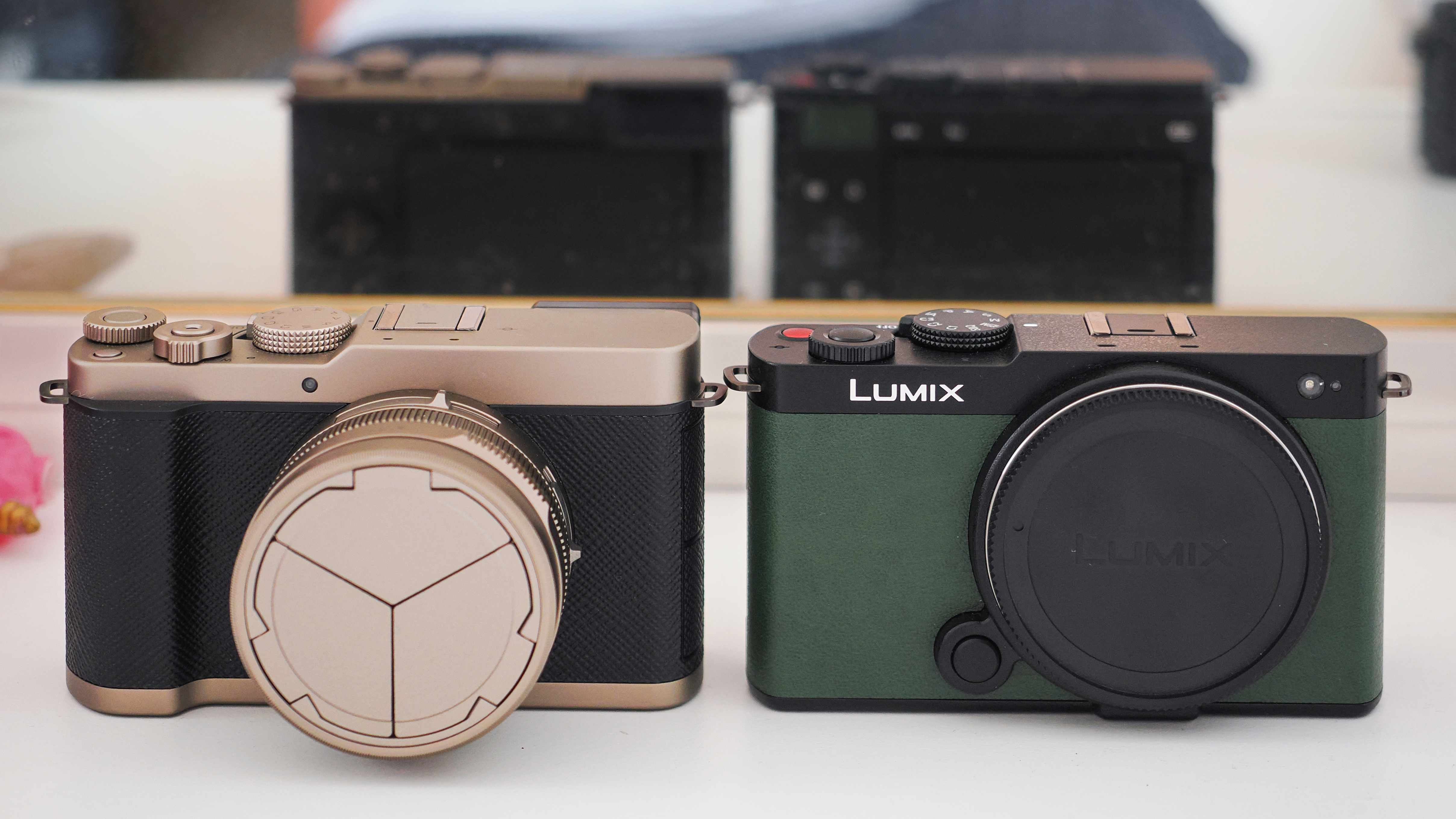 Panasonic Lumix L10 next to a Lumix S9, in front of a mirror